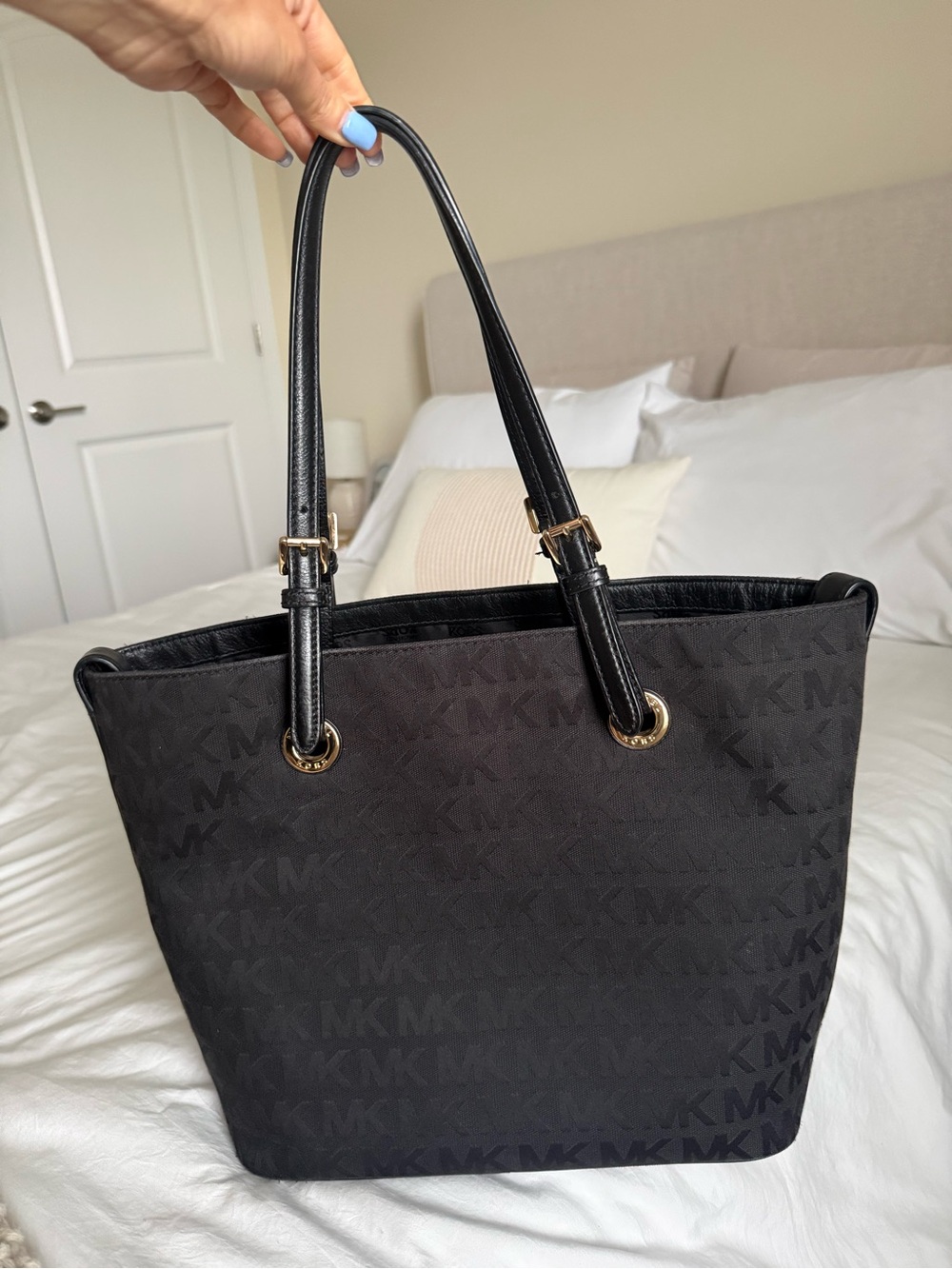 Michael Kors Black MK Logo Shopper Tote with Gold Hardware